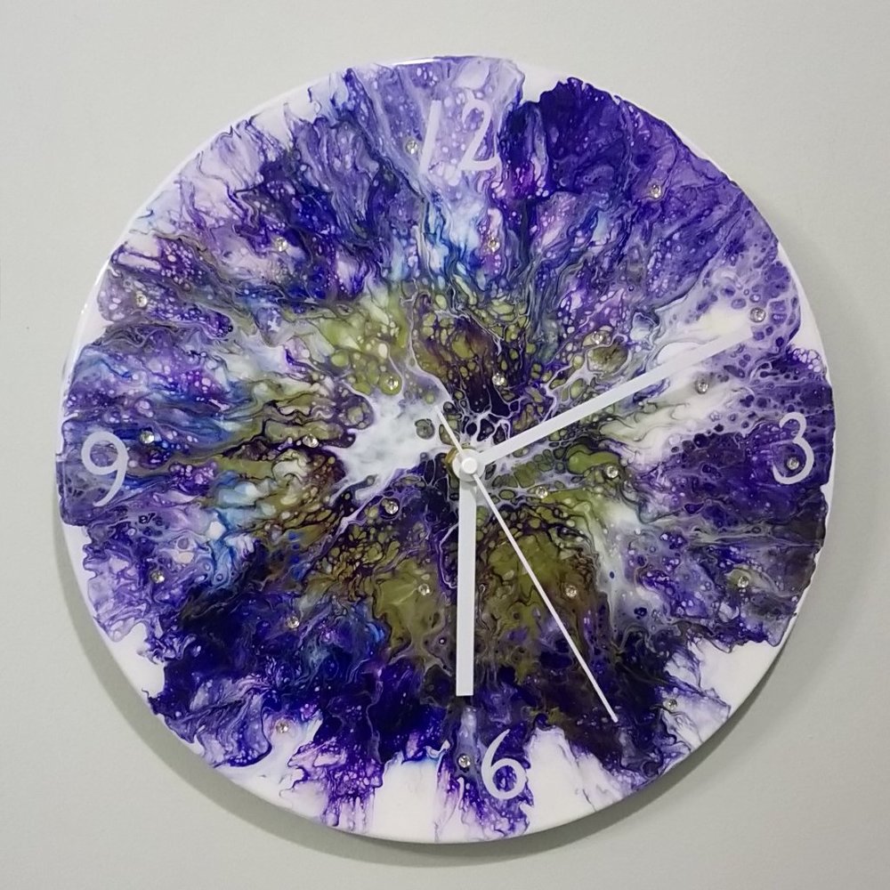 Hand Crafted Resin Clock Fluid Art Bling Purple Olive Green Rhinestones